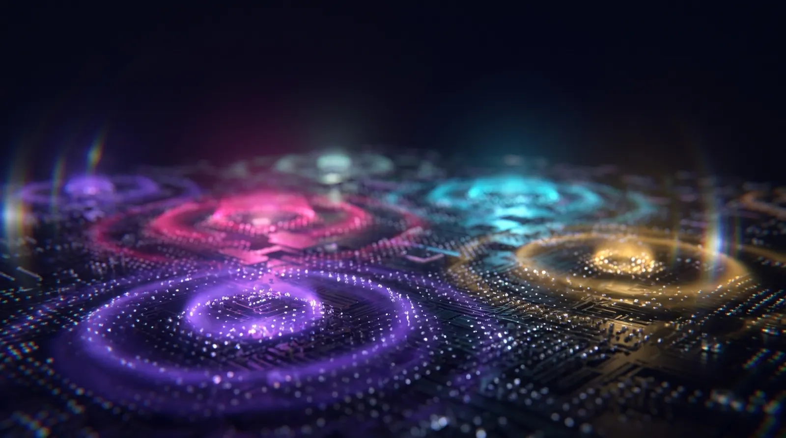 An abstract digital network with glowing circles and a circuit board base represents our web development expertise.