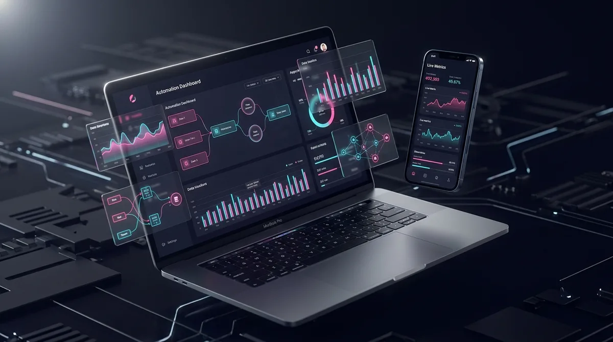 A laptop and smartphone display data visualizations on a circuit board, representing automation technology.