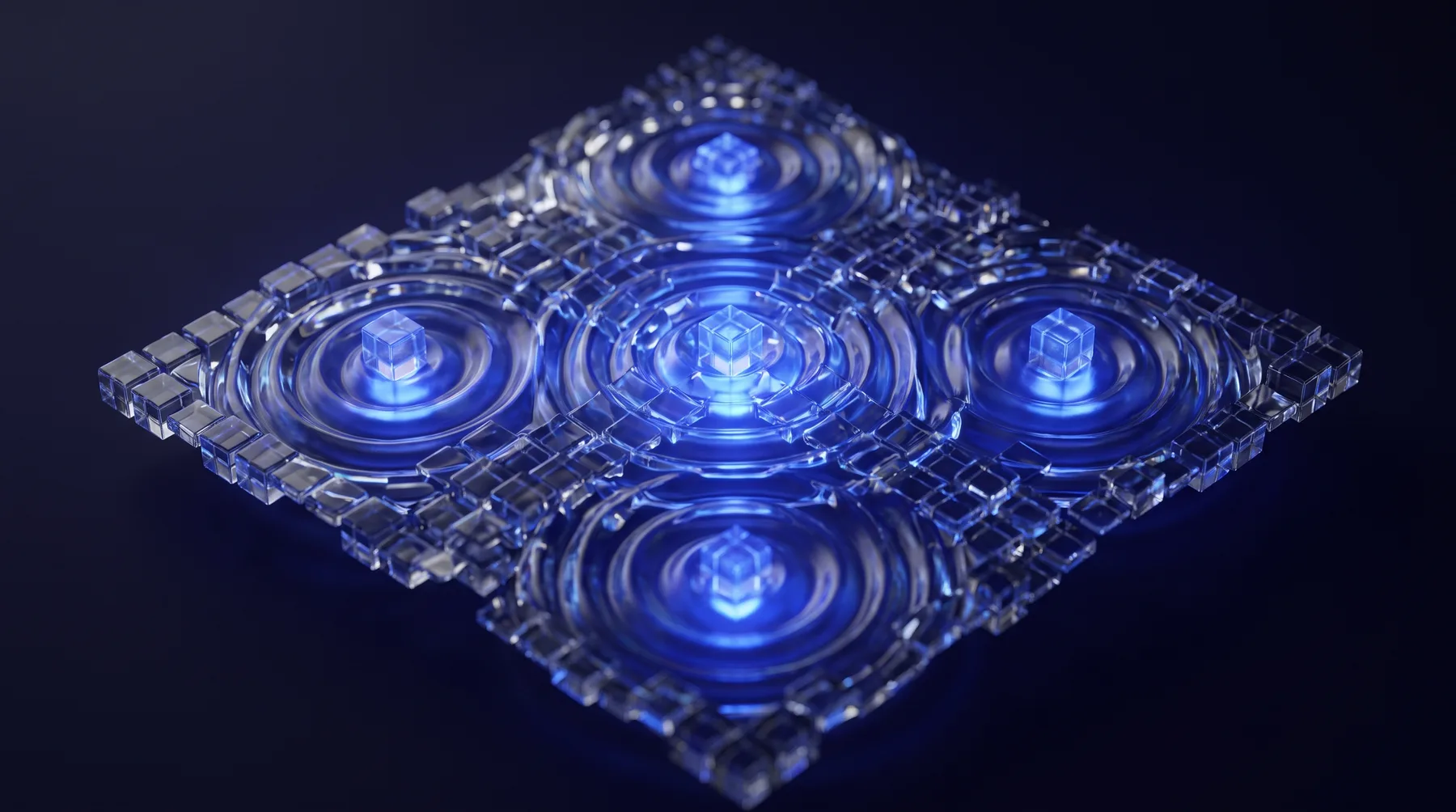 A glowing blue grid of interconnected cubes and circular platforms represents digital innovation for web development.