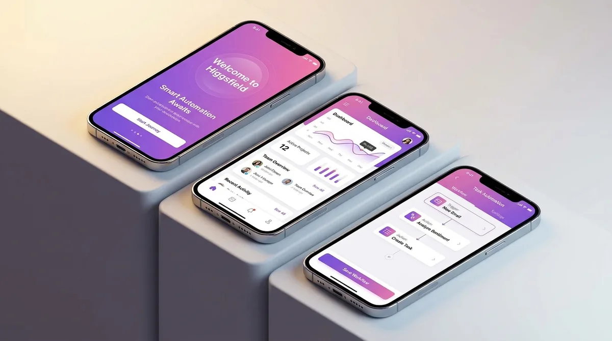 Three smartphones showcase a mobile app user interface with dashboards and automation features.